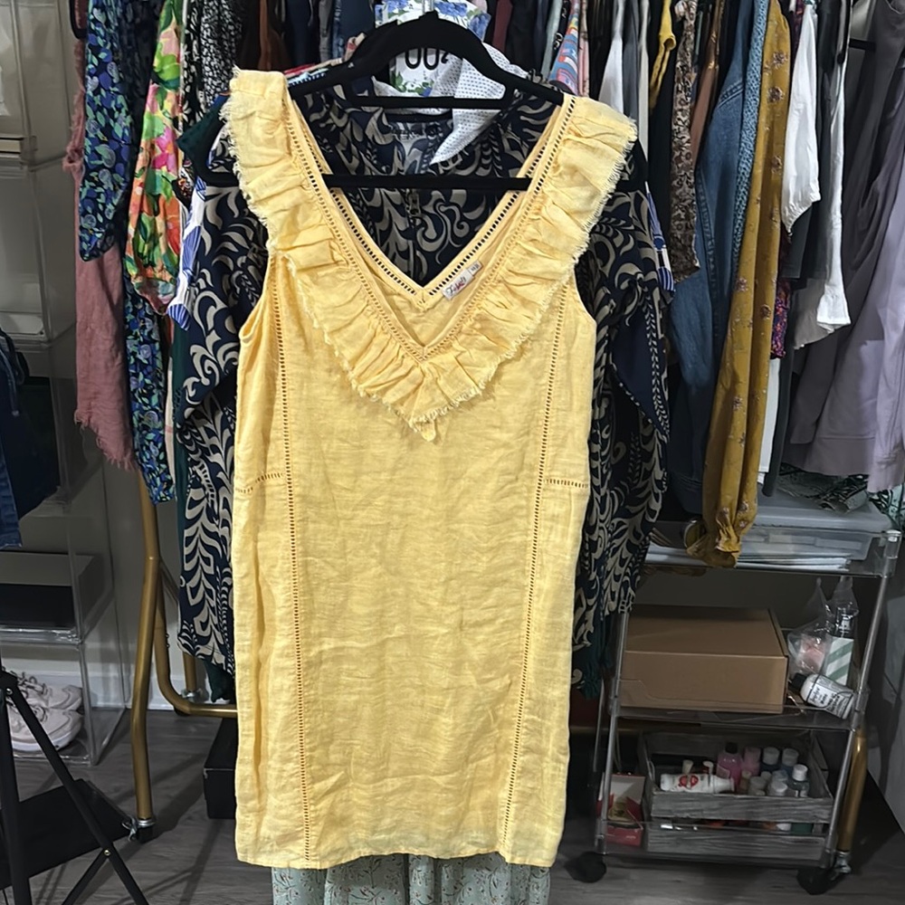 Faherty Yellow Ruffled V-Neck Dress